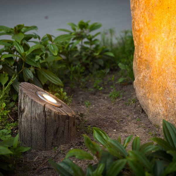 Grondlamp rond kastanjehout schijnend op steen